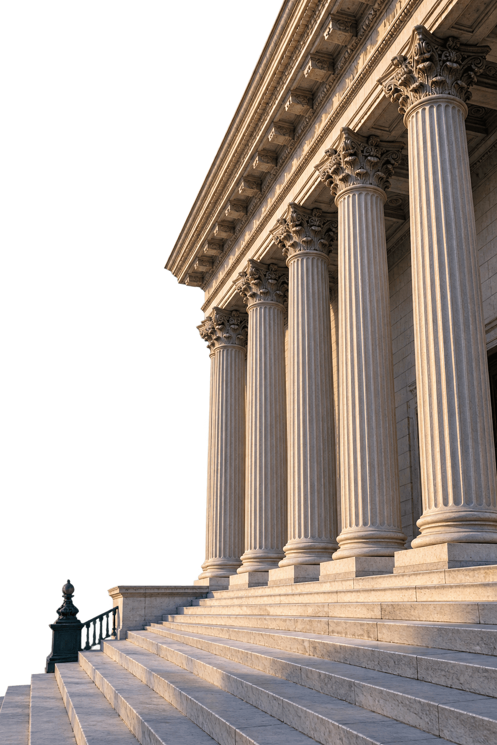 The colonnade and steps of a courthouse in low evening light