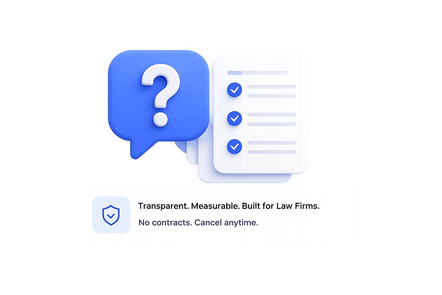 Question mark speech bubble beside a checklist, illustrating answers to common law firm marketing questions