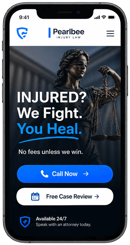 Personal injury law firm website on a phone with Call Now and Free Case Review buttons above the fold