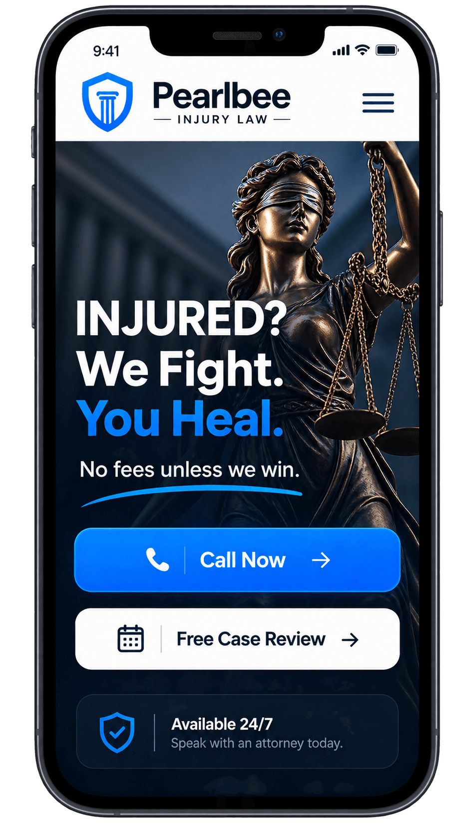 A personal injury law firm homepage on a phone, with the firm name, a one-line promise, and Call Now and Free Case Review buttons all visible without scrolling